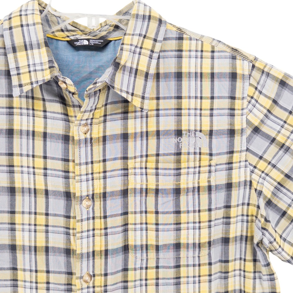 The North Face Mens Large Short Sleeve Button Front Shirt Yellow Plaid Gorpcore